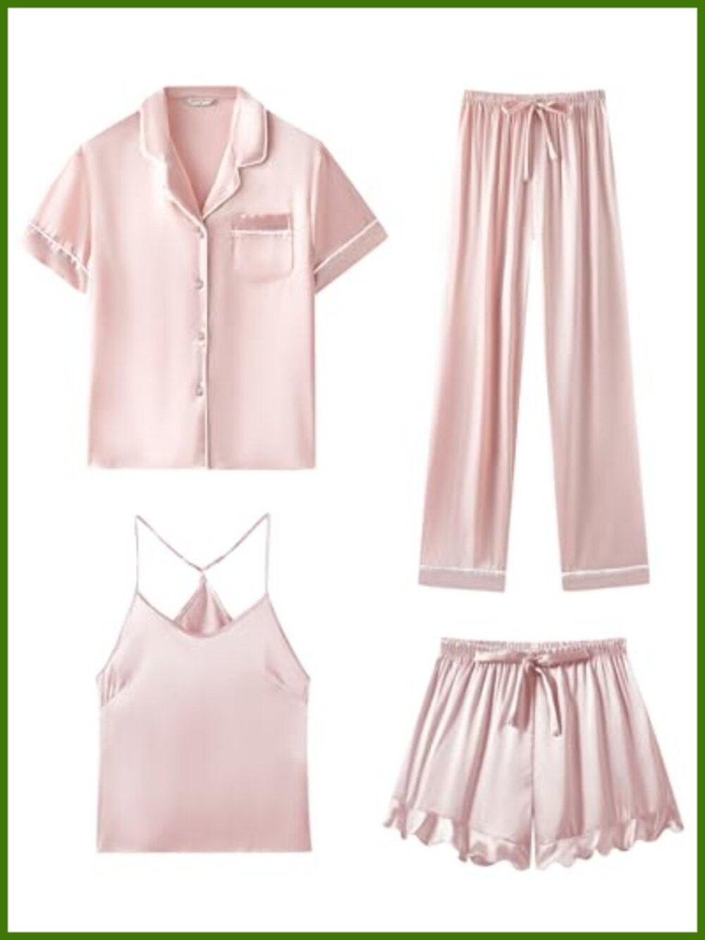 Satin Silk 4 Piece Pajama Set Camisole Ruffle Lounge Pjs